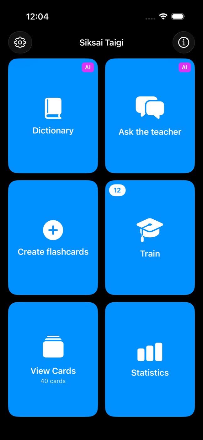 Main menu with six tiles: Dictionary, Ask the teacher, Create flashcards, Train with 12 cards due, View Cards with 40 cards, and Statistics