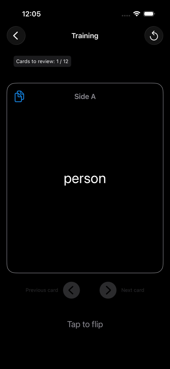 Training screen showing the question side of a card, with the counter Cards to review 1 / 12