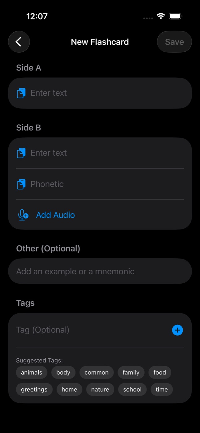 The card creation screen, with fields for Side A and Side B, phonetics, audio recording, mnemonic and tags